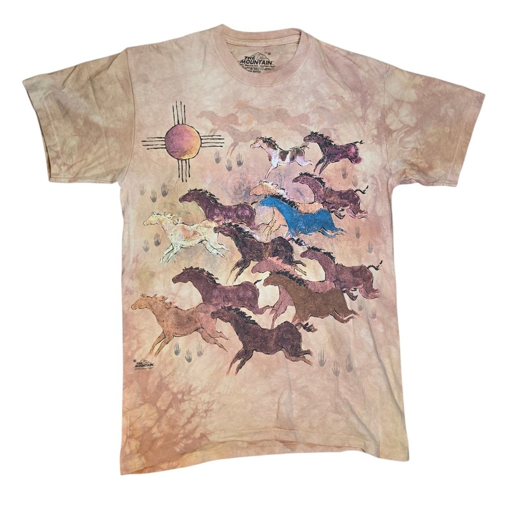 The Mountain Mens Size M T-Shirt Tan Vintage 2002 Ginny Hogan Horse Tie Dye Tee